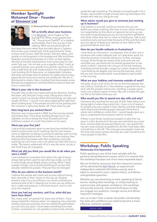 Member Spotlight page from the Brentwood Chamber of Commerce newsletter, August 2026, featuring Mohamed Omar of Shinimini Ltd